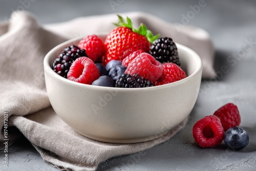 Fresh Berries in a Ceramic Bowl on a Linen Cloth With a Neutral Background in a Natural Food Setting