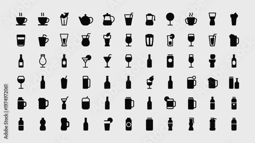 Set of 72 Black Beverage Drink Icons Vector