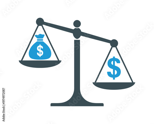 Vector of a balance scale with money bags and dollar signs