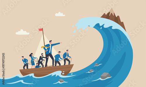 Courage uphill mountain peak risk taker concept, businessman captain point finger to lead team sailing boat to survive wave storm