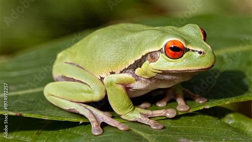 Green frog with red eyes on leaf