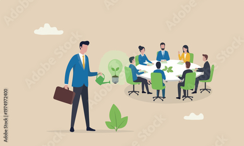Ecology and meeting teams together green protection against world climate change, environmental care concept, smart businessman watering seedling sprout growing inside green lightbulb idea