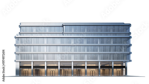 Fotografie Isolated modern commercial office building with a sleek glass facade and unique stepped design