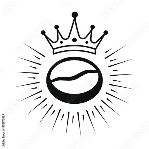Royal Coffee Bean Logo with King Crown Icon and Sunburst Rays Isolated on White