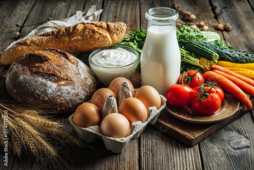 Fresh Organic Food Products on a Rustic Farmhouse Table Showcasing Daily Harvest Items in 8K Resolution