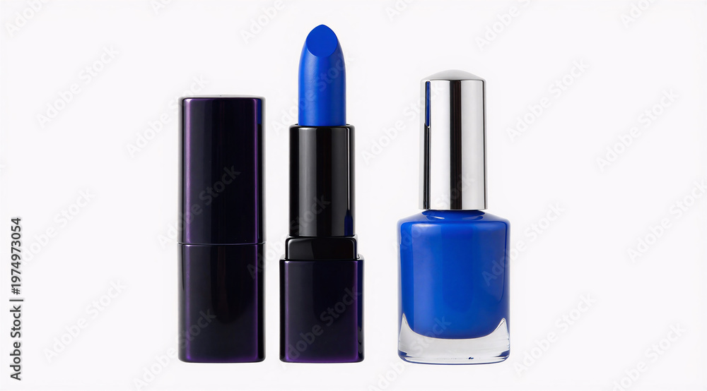 Obraz premium Blue Lipstick and Nail Polish Cosmetic Set Isolated on White