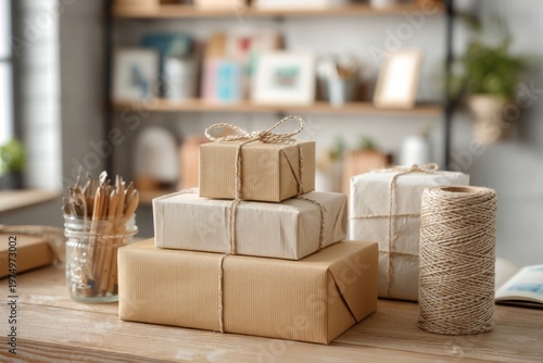 Packaging Station With Kraft Boxes, Tissue Paper, and Twine on Organized Home Business Desk