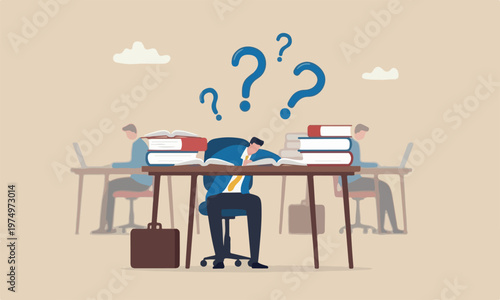 Quiet, exhaustion books hard work without recognition concept, unhappy businessman sleeping while working at busy workplace