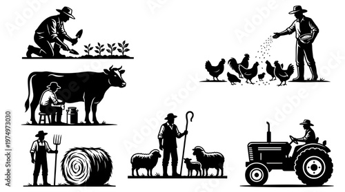 Farm Work Icon Set Featuring Planting Crops Milking Cow Feeding Animals