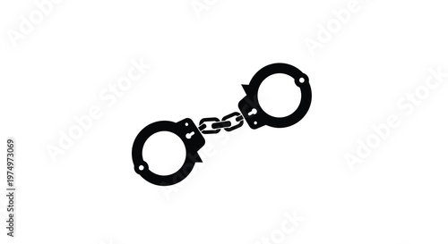 A stark black silhouette of a pair of open handcuffs is displayed against a plain white background