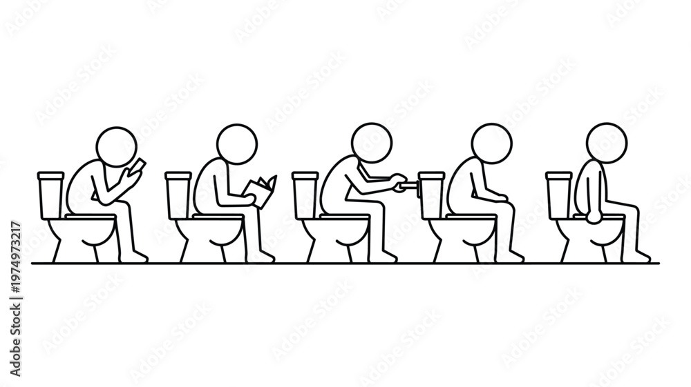 Fototapeta premium Five stick figures sitting on toilets engaged in various activities keywords bathroom