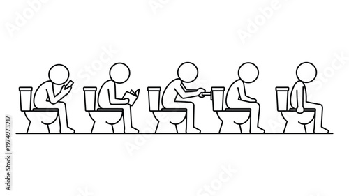 Five stick figures sitting on toilets engaged in various activities keywords bathroom
