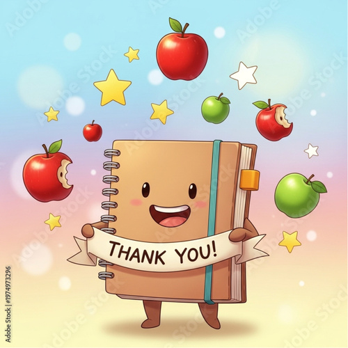 Smiling Cartoon Notebook Character Holding Thankyou Banner.