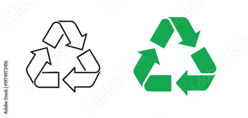 Recycling symbol in outline and filled green version with eco friendly circular economy white background zero waste