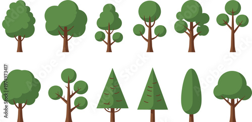 Cartoon Tree Vector Illustration Set Featuring Various Forest Trees Including Pine, Deciduous, and Stylized Green Trees for Landscape, Nature, and Environmental Design.