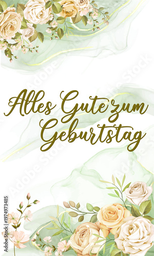 Eine Karte oder ein Banner mit Geburtstagsgrüßen in Grün auf weiß-grünem Hintergrund, verziert mit beigen und rosafarbenen Blumen an den Seiten.
