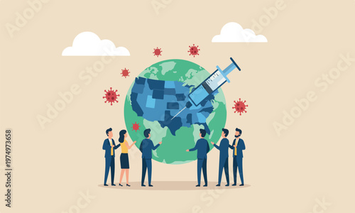 Coronavirus vaccin together green sickness planet earth with red Coronavirus COVID-19 pathogen around