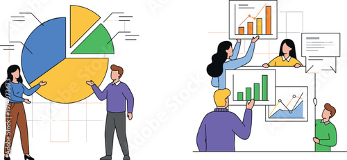 Business Data Analysis and Financial Growth Charts with Team Collaboration, Pie Graph Presentation, Statistics Dashboard, and Corporate Strategy Planning Illustration