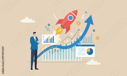 Businessman rocket analysis, economic and growth diagram, stock market exchange data, investment analysis, growth earning income concept, businessman thinking with data chart and graph
