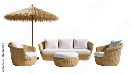 Isolated outdoor wicker furniture set with sofa, armchairs, ottoman, and straw beach umbrella