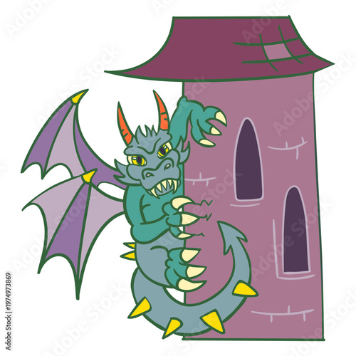 Evil green dragon perching tower