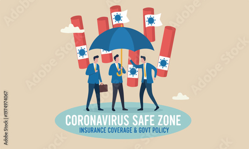 Coronavirus protection, red pillars insurance coverage or government policy to help business in Coronavirus crisis, businessmen people help to cover under umbrella to protect from Coronavirus