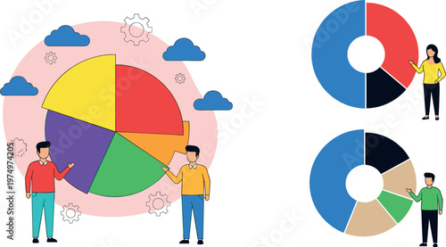 Business Data Analytics Dashboard Illustration with Team Collaboration, Pie Charts, Financial Reports, Statistics Visualization, and Corporate Strategy Planning Concepts