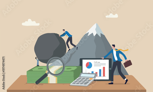 Tax, search for mountain peak or financial report review concept, magnifying glass on pile of US Dollar banknotes money with calculator on graph and chart profit and loss report on wood table