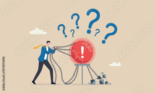 Single point of failure, risk or vulnerable weak point to make all system down, important point to hazard or beware danger concept, businessman at try so hard to hold multiple chain to avoid failure