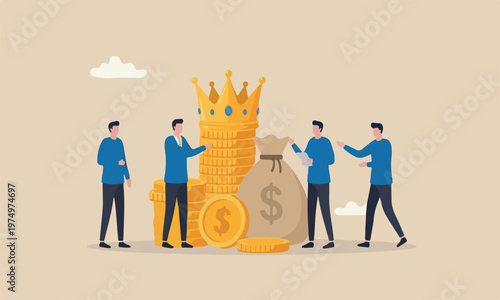 Cash is king fla pillars or investor prepare cash to buy stock in economic crisis concept, stack of money dollar coins and money bag with precious king golden crown