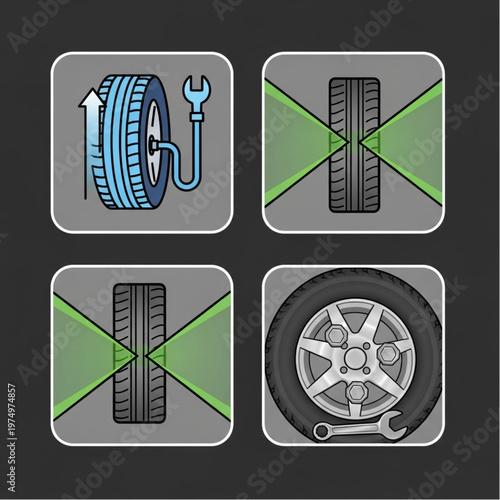 Car wheel spare tire repair and maintenance icons.