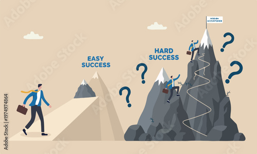 success reach style of the illustration is modern, flat design with clean lines and minimal shading business concept, businessmen compete easy and hard way to climb mountain
