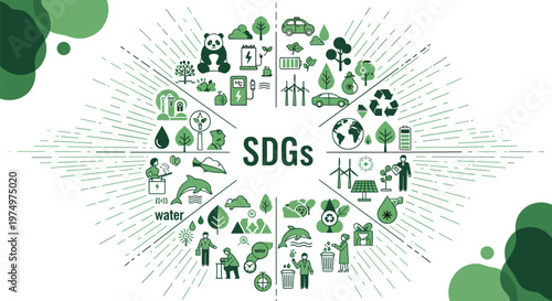 Sustainable Development Goals SDGs Concept Illustration with Circular Eco Icons, Environment, Energy and Social Responsibility Vector Design