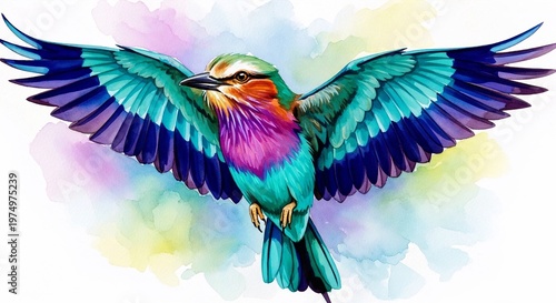 Vibrant watercolor painting of lilac-breasted roller bird with bold contrasting colors