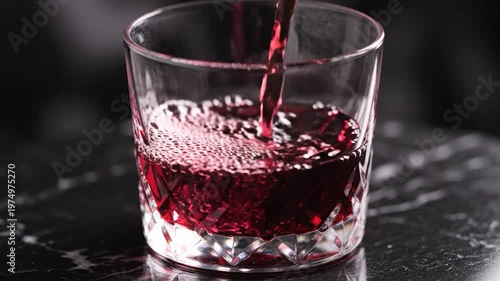 A rich red liquid is being poured into a decorative crystal glass on a dark surface