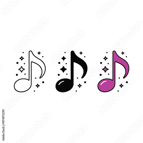 Three musical notes in varying colors and styles with sparkling star accents