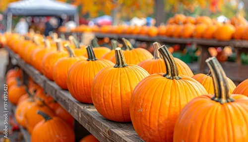 Rows of vibrant orange pumpkins sit on a wooden display, ready for autumn festivities and seasonal celebrations
