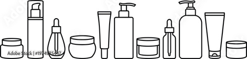 Skincare Product Icons Set with Serum Dropper Bottles Cream Jars Pump Dispensers and Cosmetic Tubes