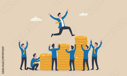 Pay raise salary, together profit earning rising up, career development or wealth management concept, happy businessman jumping on rising money coin stack