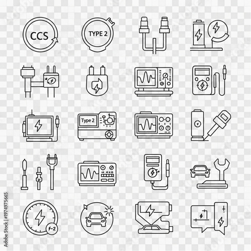 Electric vehicle charging icons and connector symbols.
