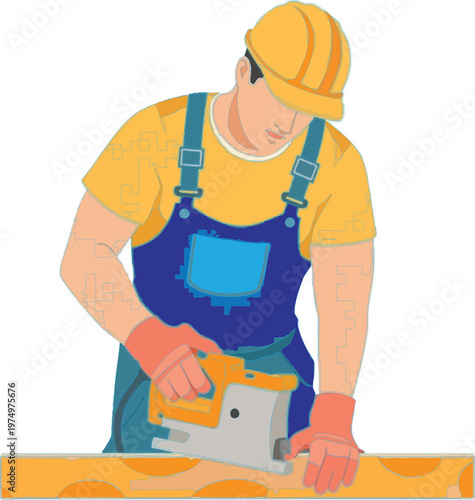 Construction worker using a circular saw to cut a wooden beam on a construction site.