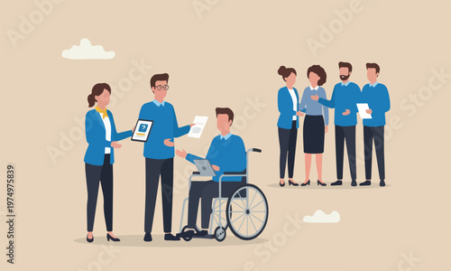 Diversity,meeting teams together HR officer offering job for new disabled candidate on the wheelchair be permanent employee