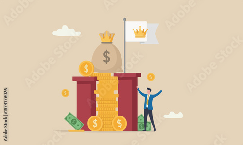Cash is king is flag on red pillars or investor prepare cash to buy stock in economic crisis concept, stack of money dollar coins and money bag with precious king golden crown