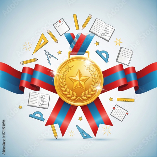 Gold medal with red blue ribbon and star center.