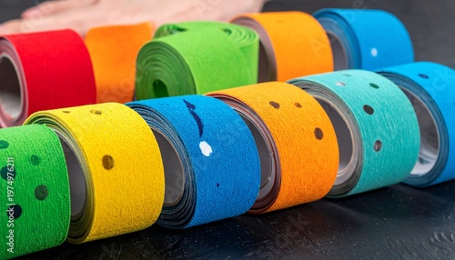 Rows of vibrantly colored, textured tape rolls sit on a dark surface, with a hand partially visible above