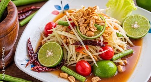 Thai som tam green papaya salad with vibrant fresh ingredients and zesty lime dressing