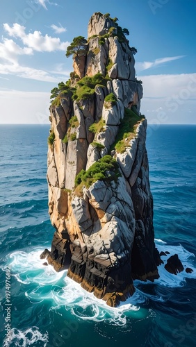 A towering rock island, textured with dark and light layers, stands tall amidst the endless blue ocean, under a bright sky