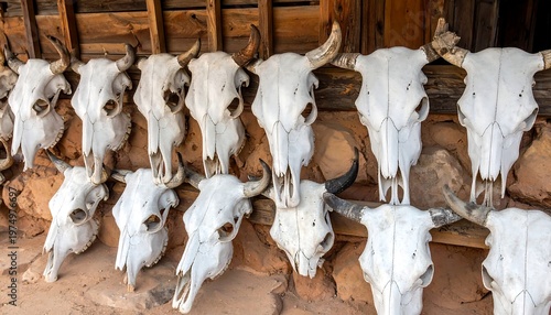 Rows of white animal skulls decorate a rough stone and wood wall, bathed in sunlight