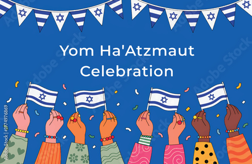 Yom Ha'Atzmaut Celebration With Diverse Hands Waving Israeli Flags and Festive Bunting

