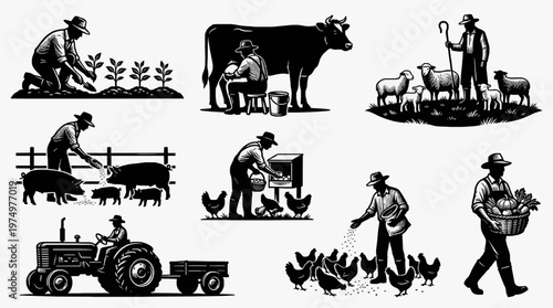 Agricultural Worker Silhouette Icons for Farming Livestock and Rural Production Concepts